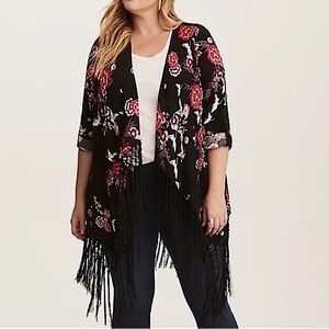 Torrid Fringe Open Front Floral Bird Kimono 2X